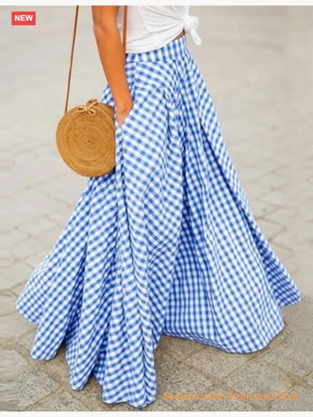 Gingham Maxi Skirt High Waist Pleated A Line Flowy Long Summer - Picture 3 of 7